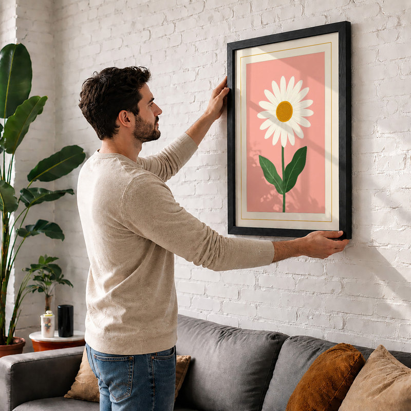 Daisy on Coral Botanical - Framed Print, A3 - 42.0 x 29.7 cm, White