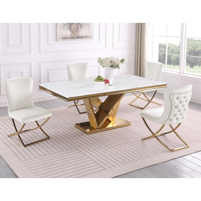 Yulianna 78" Marble 5 Pcs Dining Set , Gold, Gold/Beige