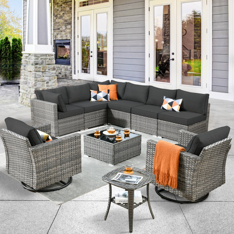 Rebbecca 8 - Person Patio Furniture Set with Swivel Rocker, Outdoor Wicker Rattan Sectional Seating Group with Cushions, All Weather Sofa Conversation Set with Fire Pit Table for Garden Backyard