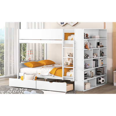 Lit double superposé au dessus d'un lit superposé avec armoire et rangement pour tiroirs, blanc