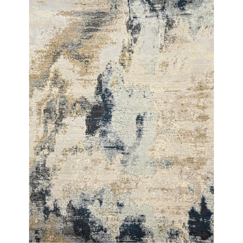 Hand Knotted Abstract Area Rug in Beige/Gold/Navy