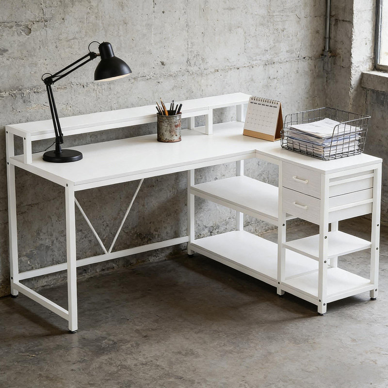 Bureau, bureau en L, bureau d'ordinateur réversible, Blanc / blanc