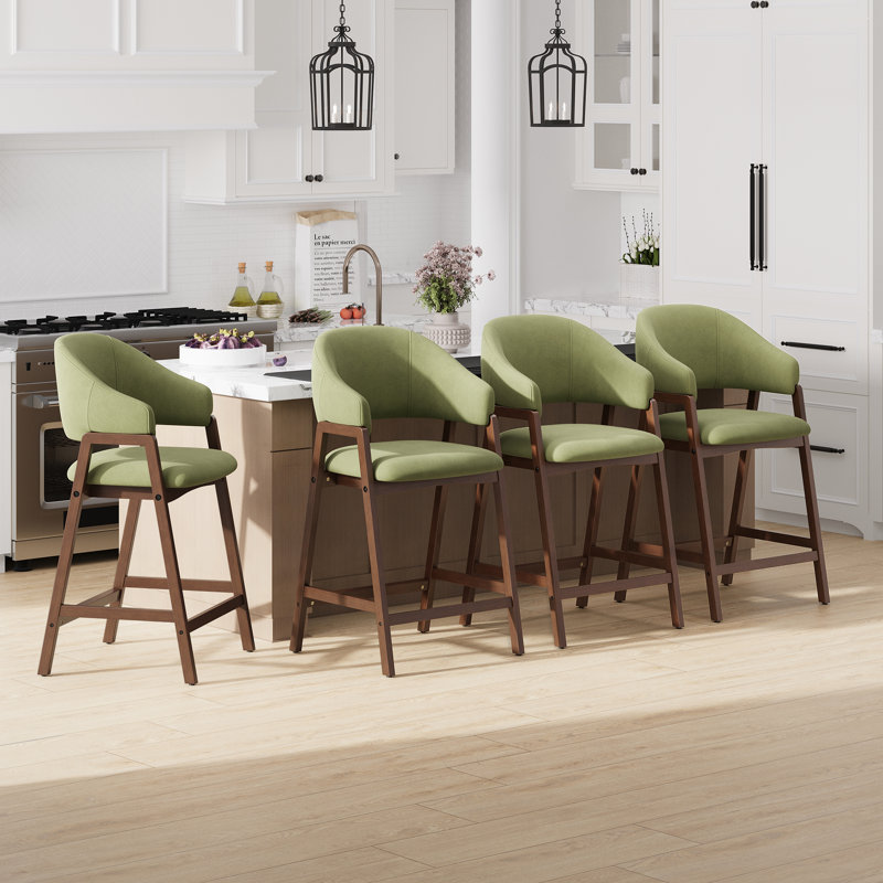 Upholstered Solid Wood Bar Stool Counter Stool, Green, 4