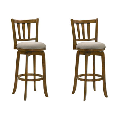 Wren Modern Farmhouse Swivel Wood Bar Height Kitchen Bar Stool In Sepia Brown Finish With Static Gray Fabric Upholstered Seat - Set Of 2