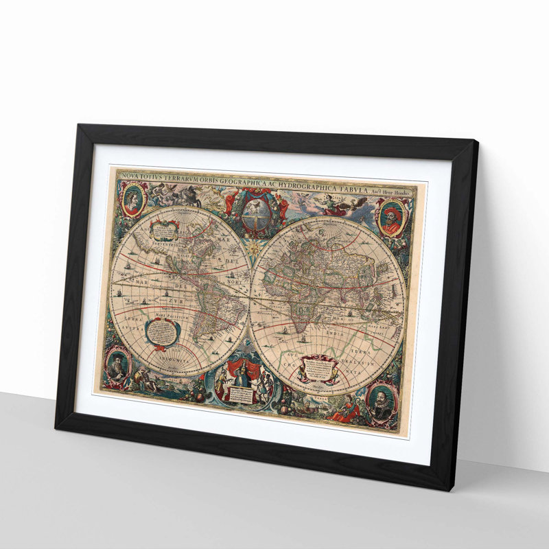 Vintage World Map 2 by Henricus Hondius II - Framed Print, Black