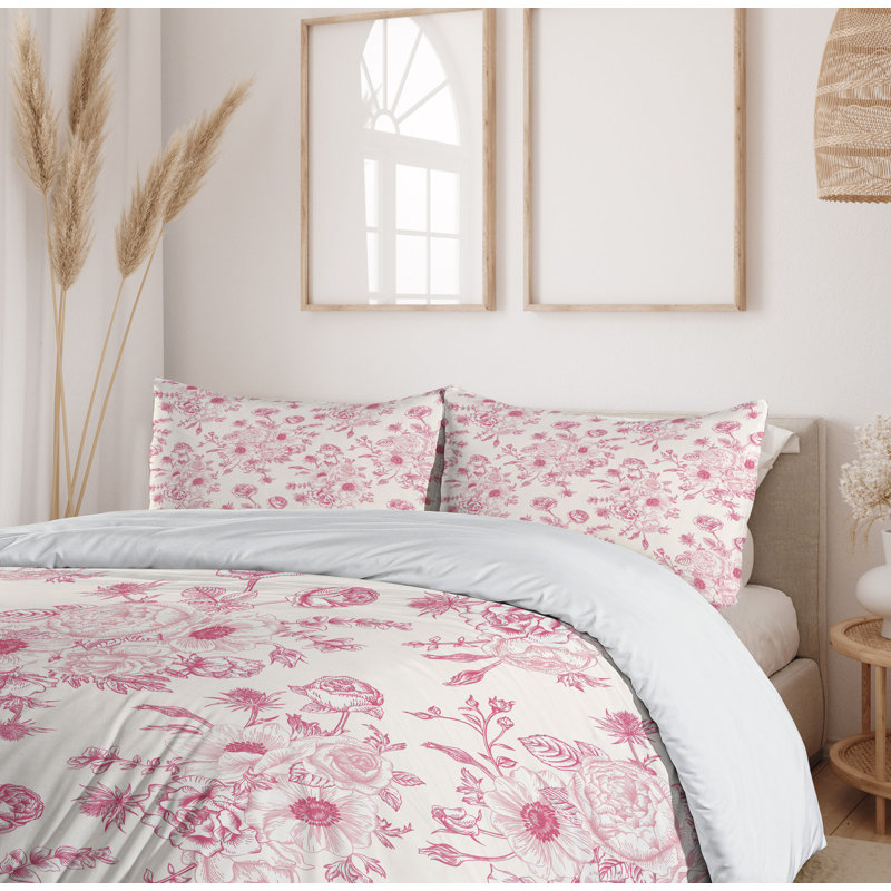 King Pale Pink Floral Cotton Duvet Cover Set with Pillow Shams