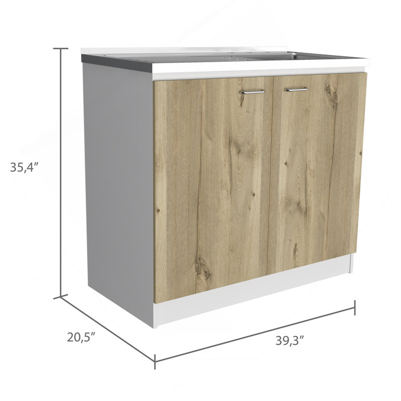 Évier et armoire utilitaire rectangulaire en chêne clair à 2 portes, Beige