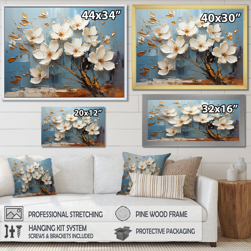 Orchidée blanche et bleue, branches d'arbre VI - Art mural floral abstrait, Toile tendue, H 34 po x l 44 po x P 1,5 po