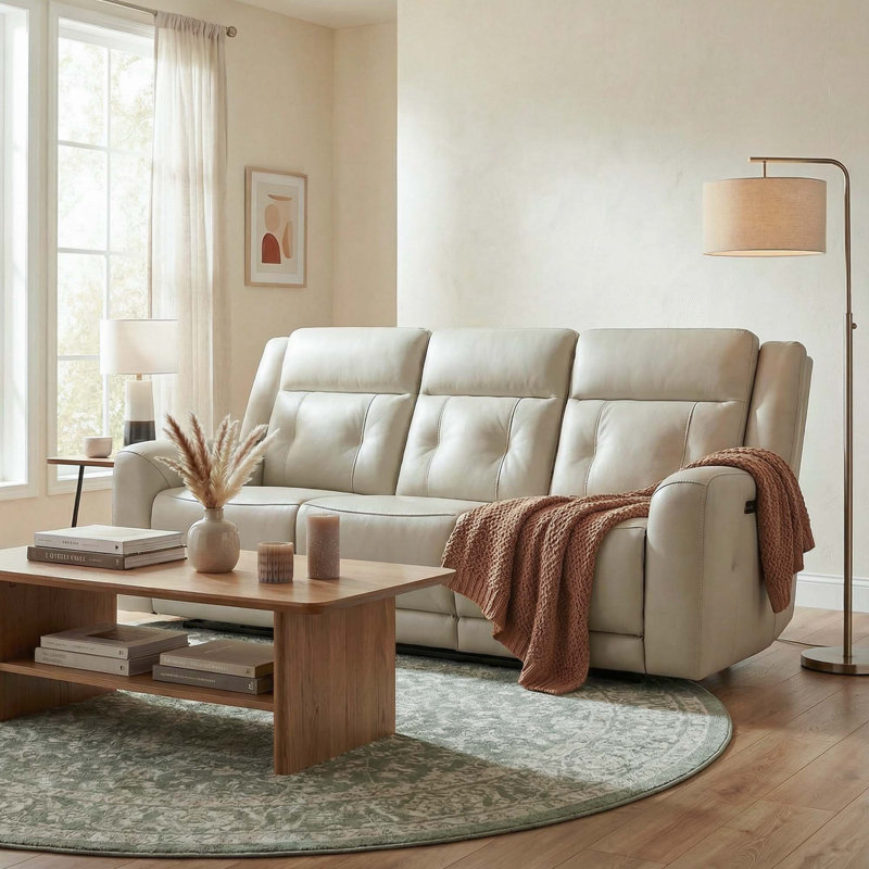 87'' Genuine Leather Power Reclining Sofa, Beige