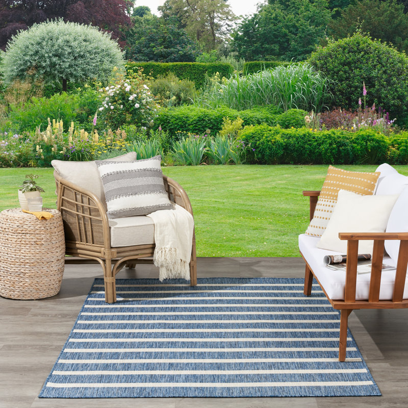 Shaila Striped Indoor / Outdoor Rug, Rectangle 5' x 7', Navy Blue/Ivory