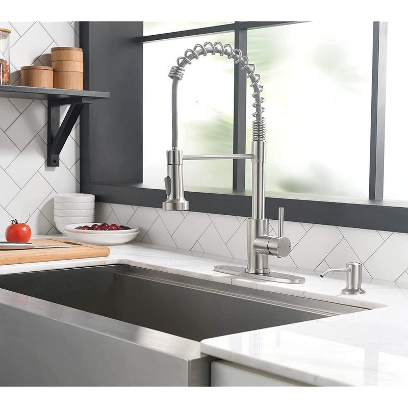 Kitchen Faucet with Soap Dispenser, Commercial Single Handle Spring Pull Out Kitchen Sink Faucets with Pull Down Sprayer