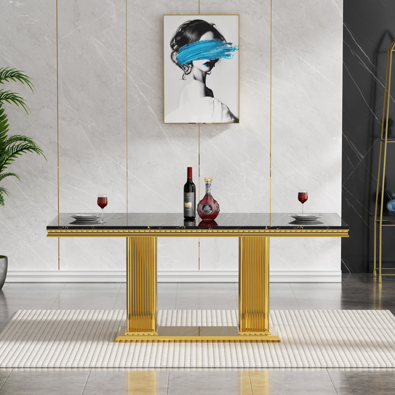 68.11" Marble Dining Table for 6-8, Modern Rectangular Kitchen Table with Faux Marble Top, Modern Dining Room Table with Stainless Steel Base for Kitchen Dining Room