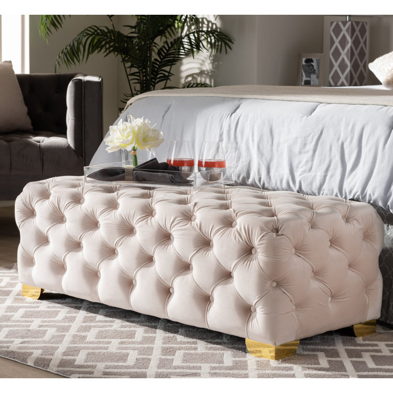 Kylin Velvet Ottoman, Light Beige