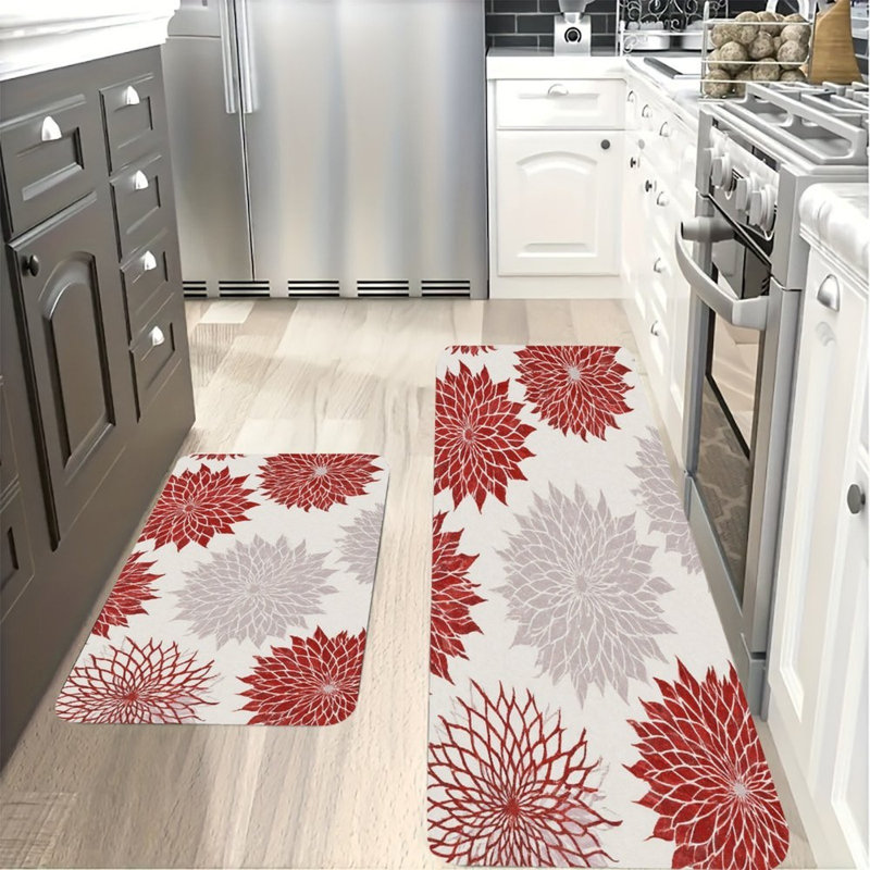 Tapis de cuisine antidérapant à motif floral rouge Starburst 2 pièces, Motif floral rouge