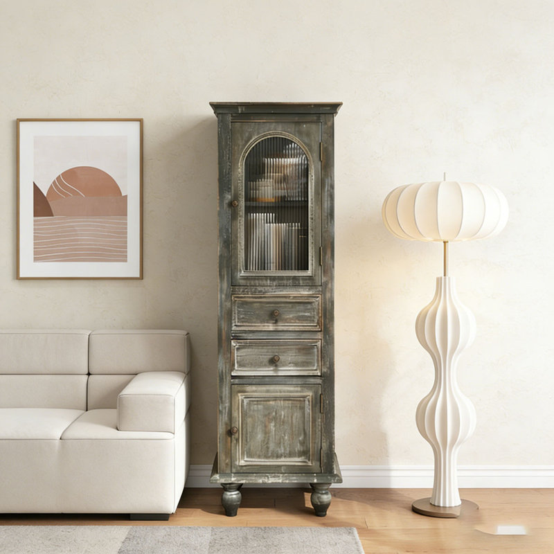 Farmhouse Tall Narrow Storage Cabinet – Rustic Wood Linen Cabinet with 2 Drawers & 2 Doors, Black+ Gray