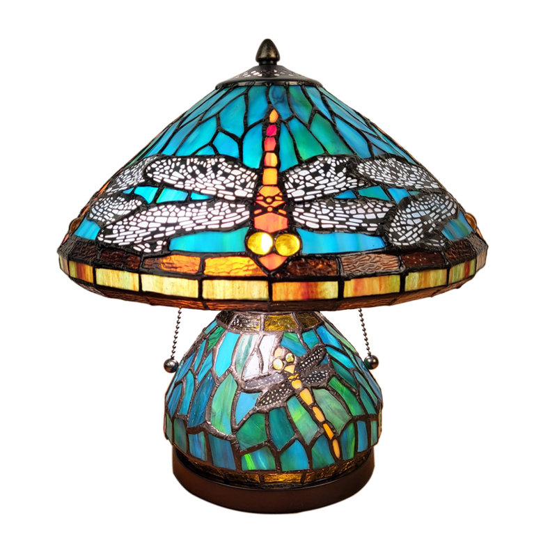 Stained Glass Dragonfly Table Lamp With A Lit Base