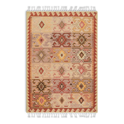 Beige Red Yellow Hand-Knotted Wool Rug