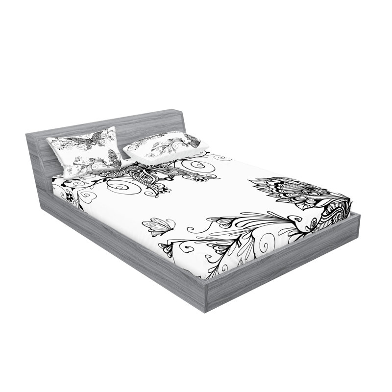 Drap-housse et taie décorative Ambesonne Mandala, blanc et noir, Ensemble de draps pour grand lit + 4 taies d'oreil