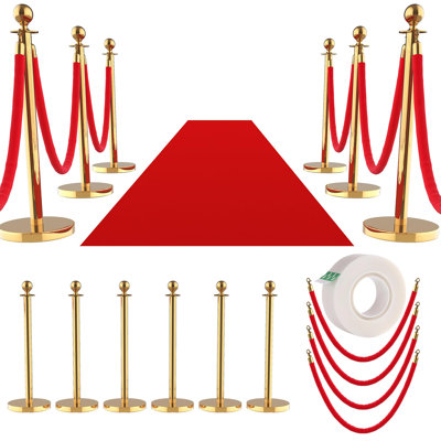 Ensemble complet de clôture décorative extérieure en acier inoxydable - 8 poteaux de poteau, 6 cordes cramoisies douces, tapis rouge de 26 pi - barrières de contrôle des foules, paquet de 8