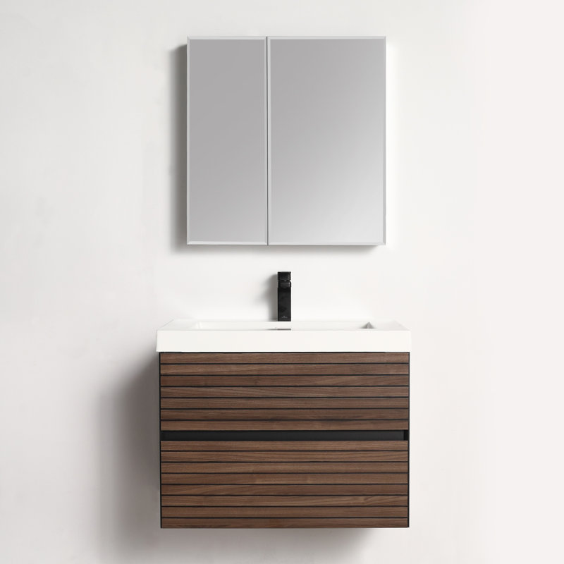 Meuble-lavabo flottant 30 po avec lavabo - Armoire murale tout en bois avec tiroirs à fermeture en douceur, conception à dossier ouvert et plateau en acrylique durable
