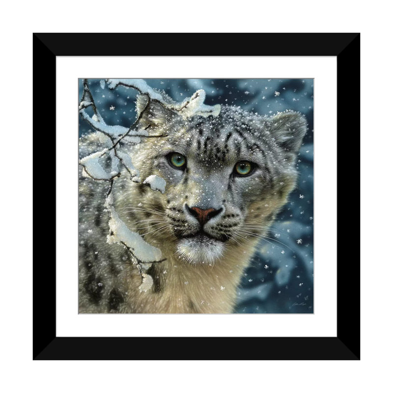 Snow leopard, carré, H 16 po x l 16 po x P 1 po, Papier avec cadre noir, Blanc