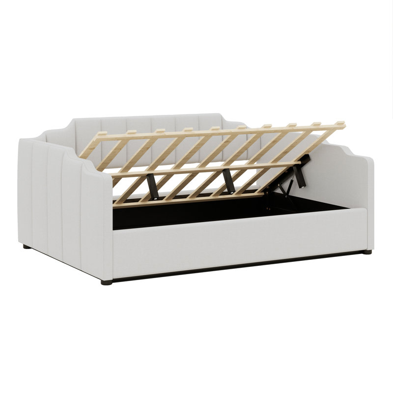 Lit de jour rembourré avec rangement inférieur, Beige, Lit double