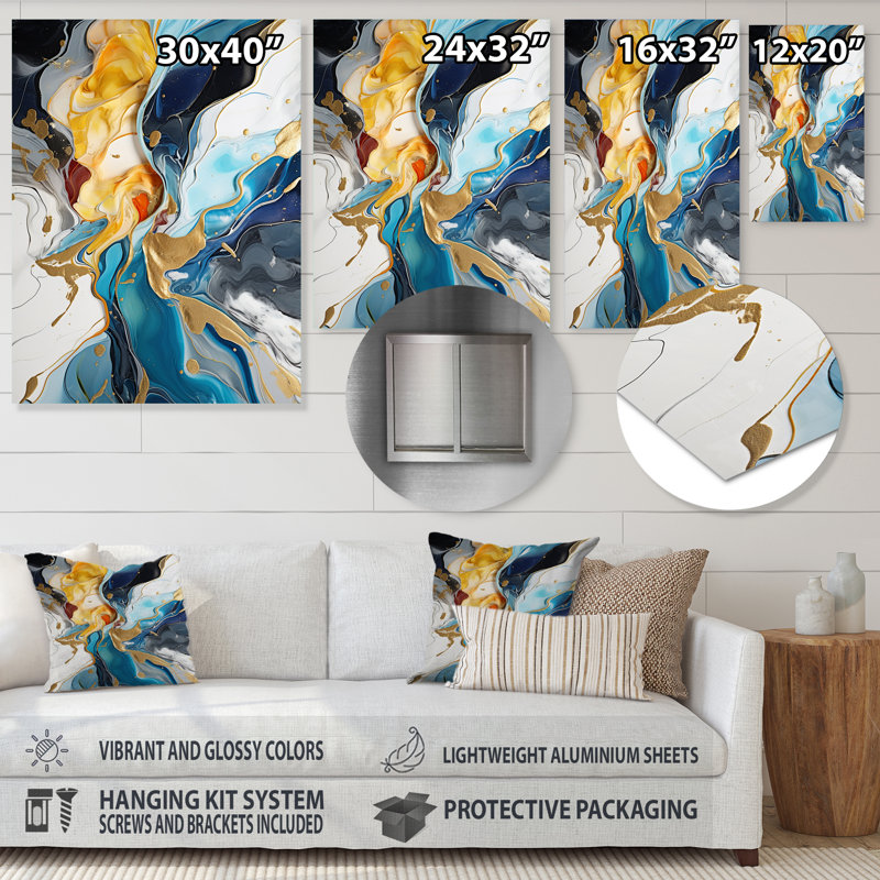 «Blue and Yellow», encre liquide, harmonie harmonie II - encre liquide, art mural abstrait en métal