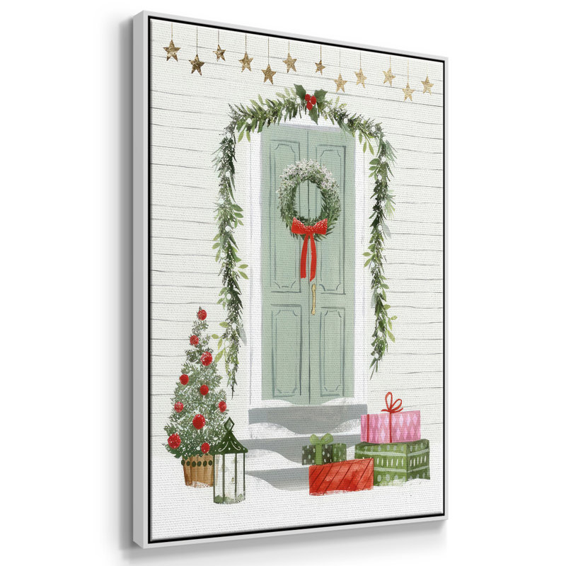 Festive Front Door I, reproduction d'art sur toile, H 25 po x l 17 po x P 1,5 po, Cadre flottant blanc