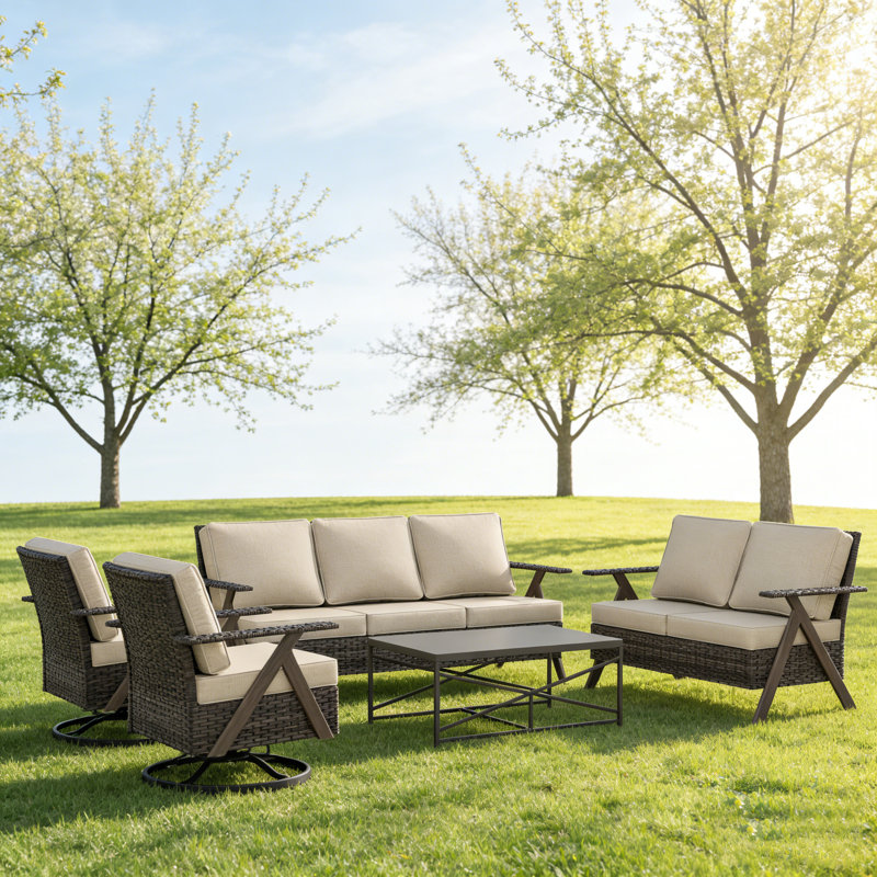 5 Piece Outdoor Wicker Conversation Set With Two Sofas Two Swivel Rocking Chairs And Coffee Table Beige Cushions Brown Table