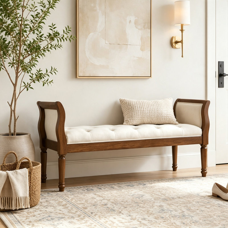 Banc rembourré moderne avec accoudoirs courbés, Beige, noyer