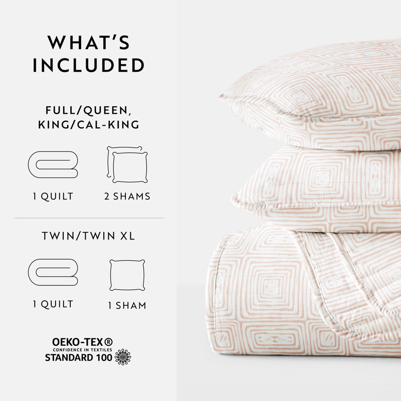 Quilt Set- Lightweight - All Season Quilted Coverlet - Geometric Maze Apricot, Twin Quilt + 1 Standard Sham 