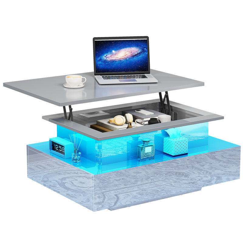  High Gloss Coffee Table With Drawer, Living Room Table Height Adjustable With 16 Colour LED, Grey