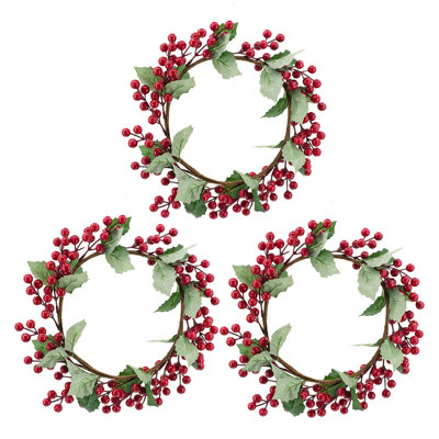 Set Of 3, 13" Red Berry Wreath Accented With Green Holly Leaves
