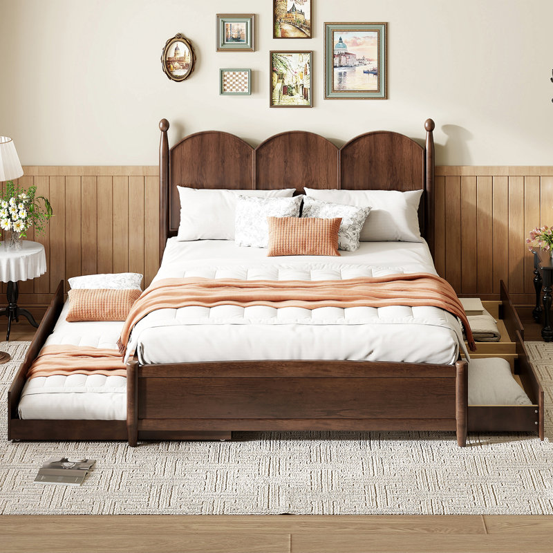 Lit plateforme avec 2 grands tiroirs et lit gigogne simple Marcene, Noyer