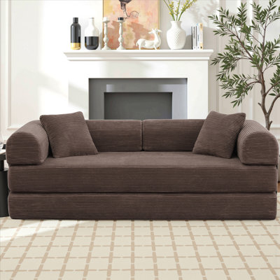 79" Corduroy Sleeper Sofa Boneless Modular Sofa Bed Compression Foam Couch Bed With 2 Pillows and Fixed Metal Frame, Brown
