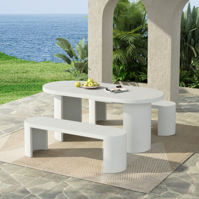 Alvero 3-Piece Modern Outdoor Concrete Dining Set With White Terrazzo Tabletop And Matching Benches by NFusion
