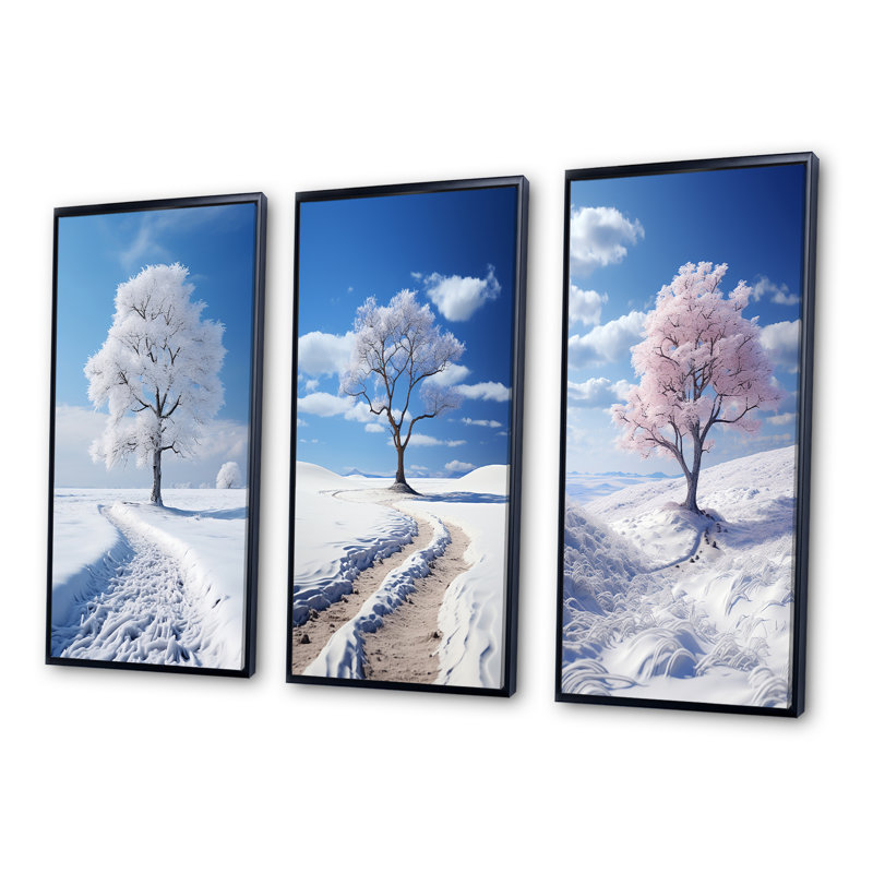 «Snowy Tree Elegance», 3 pièces sur toile, Cadre flottant noir, H 28 po x l 36 po