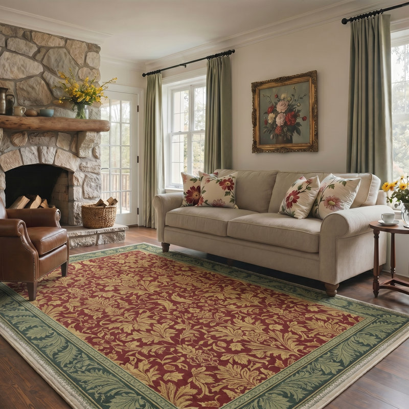 Foliage Floral Machine Washable Green / Red / Yellow Indoor Area Rug with Non-Slip Backing, Rectangle 9' x 12'