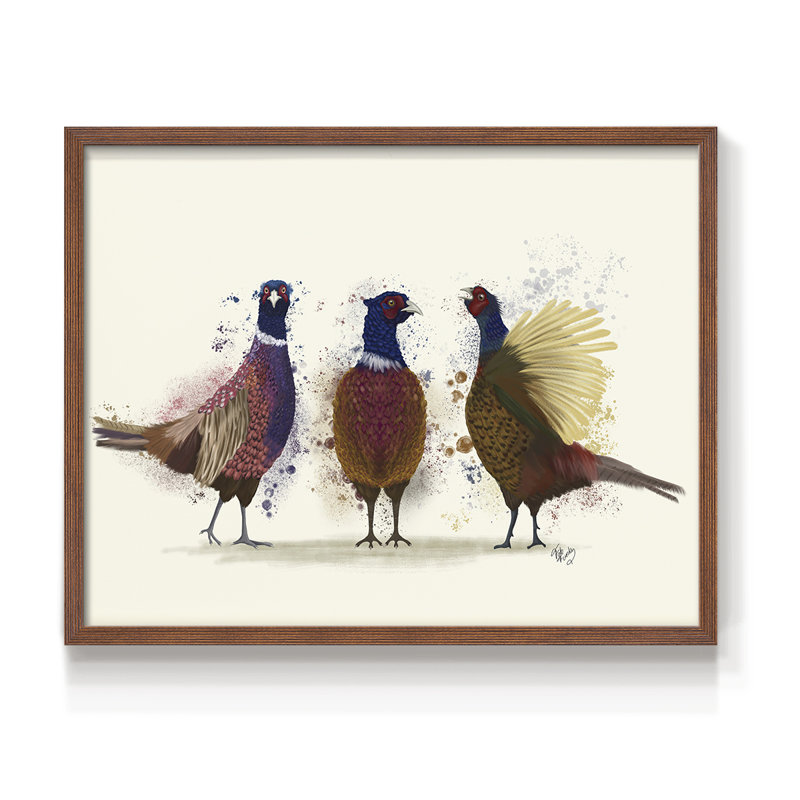 Trio de faisans - reproduction encadrée - réarmable, H 16 po x l 20 po, Noyer