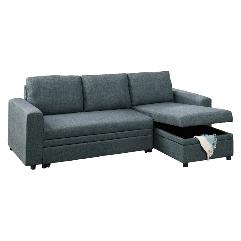Salon modulaire convertible en polyfibre gris-bleu avec lit escamotable, rangement et méridienne réversible, lit moderne