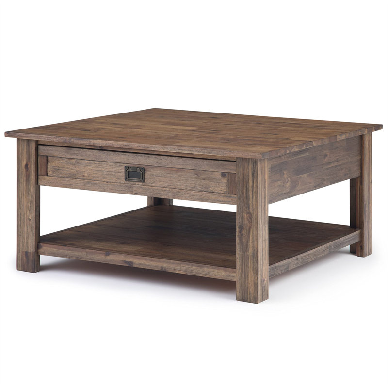 Farmhouse Gray 38" Square Acacia Wood Coffee Table with Storage