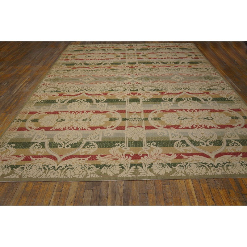 Tapis vert / rouge / beige en laine noué à la main de conception unique 9 pi x 12 pi Needlpoint