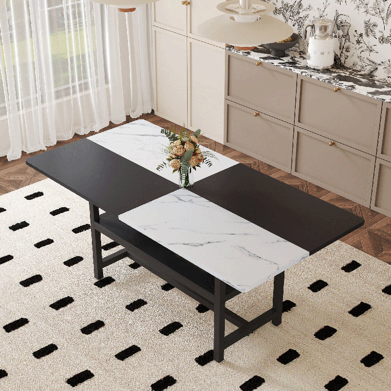 Rectangular Dining Table, 71" Farmhouse Dining Table, Marble Grain Tabletop With Metal Frame, Black/White Split-Color