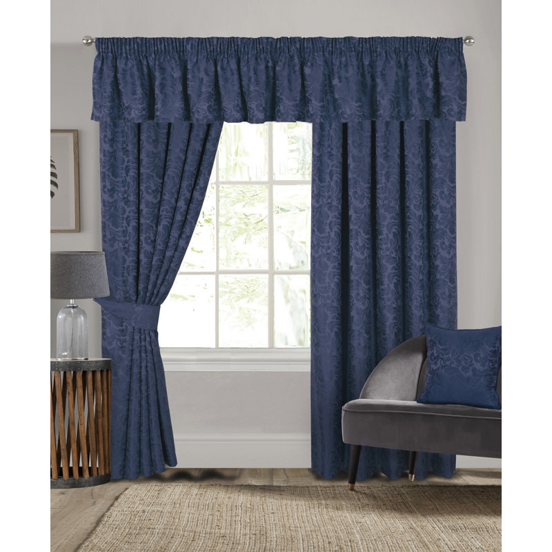 Hallas Pencil Pleat Damask Jacquard Curtains, Navy, 229 W x 183 D cm