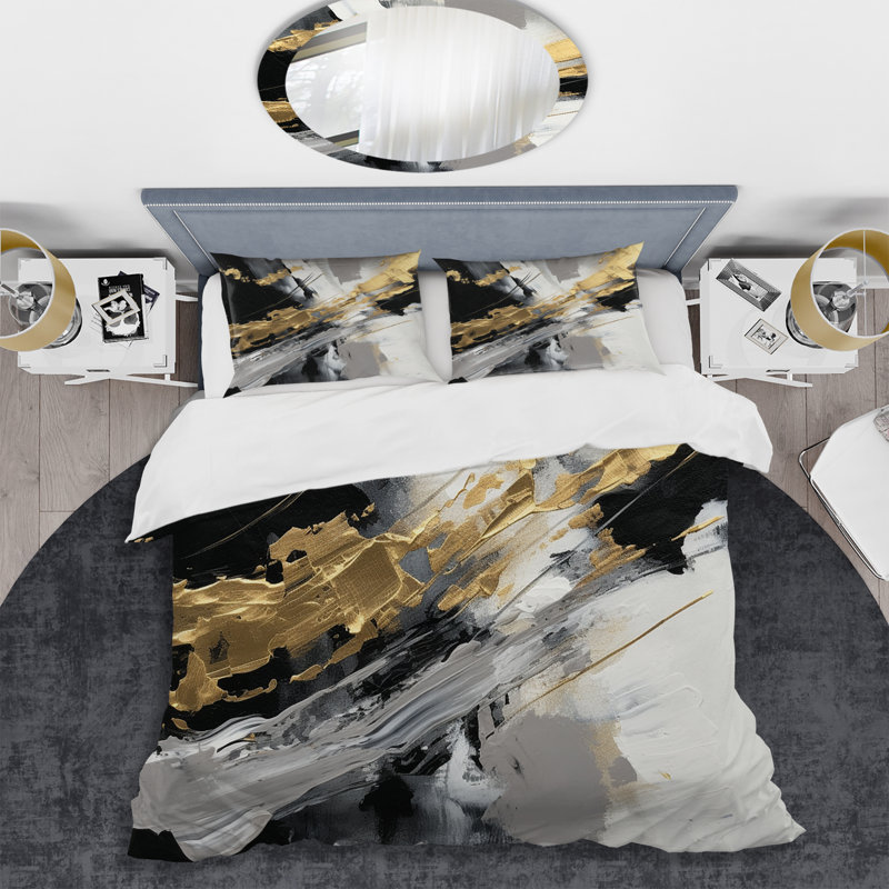 Golden River Wildness Abstract Gold and Black - Ensemble de housse de couette à motif abstrait - Microfibre de polyester