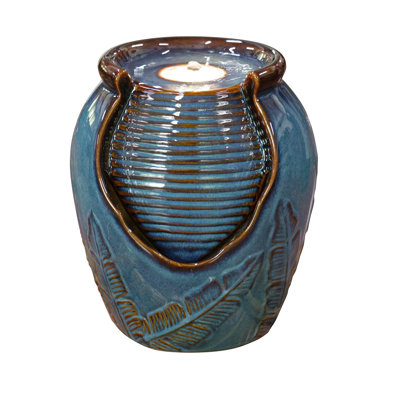 9.25"H Turquoise Leaf Textured Ceramic Jar Tabletop Fountain With Pump And LED Light (KD)