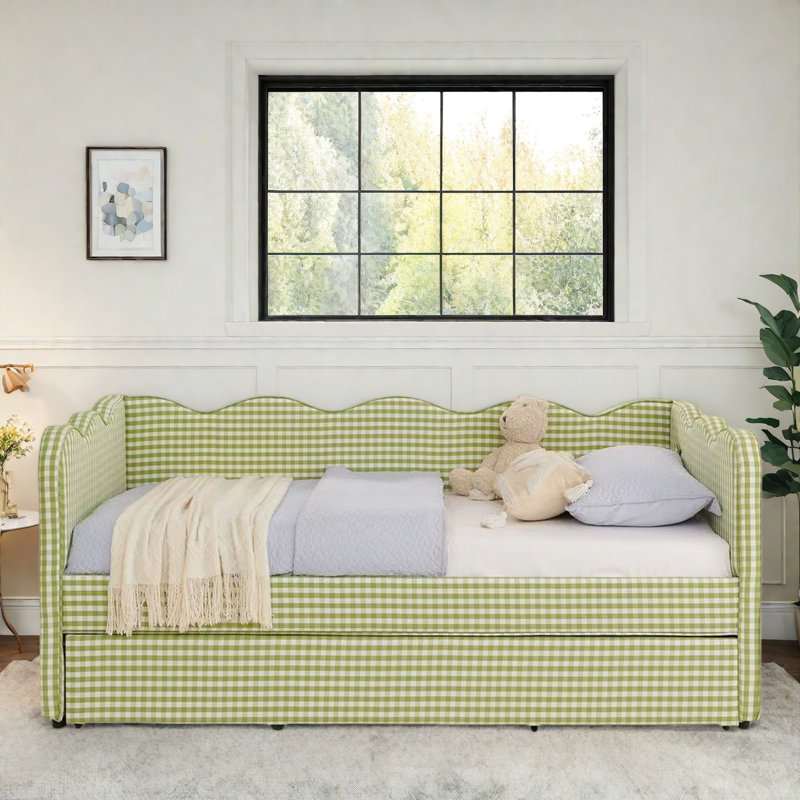 Lit de jour confortable avec couchette, port USB et adorable forme de vague, Vert