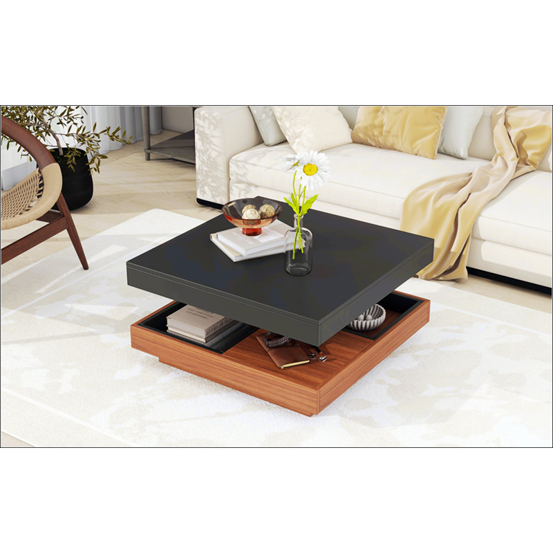 Modern Square 360°Rotating Coffee Table With Three Detachable Tray, Black, Dark Walnut