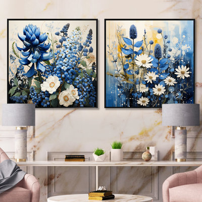 Bonnets bleus fleurs blanches - ensemble de collage floral carré carré de 2