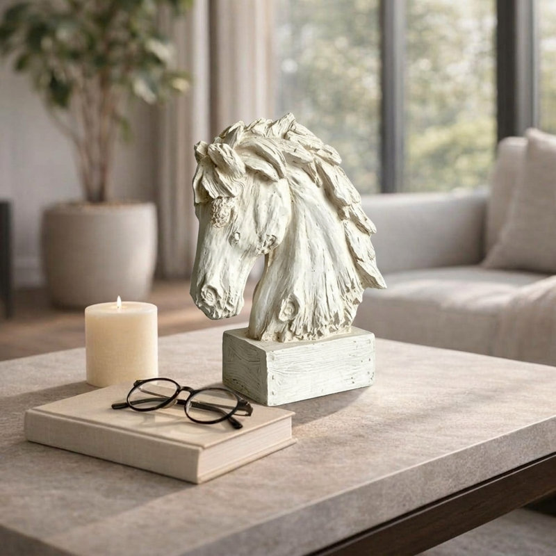 Sculpture rustique vintage en bois représentant une tête de cheval, avec socle, de 48 cm (19 pouces)., Blanc